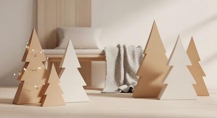 Minimalist Christmas scene with stylish beige and white cutout trees, showcasing modern holiday home decoration