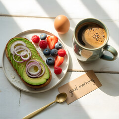 Healthy Morning Meal Flat Lay &ndash; Avocado Toast, Fresh Berries, Boiled Egg, Coffee Cup