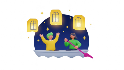 Two happy 3d character people enjoying a boat ride at night under glowing sky lanterns in a festive celebration scene isolated on transparent background