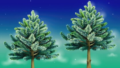 Two Lush Evergreen Trees Under a Starry Night Sky.