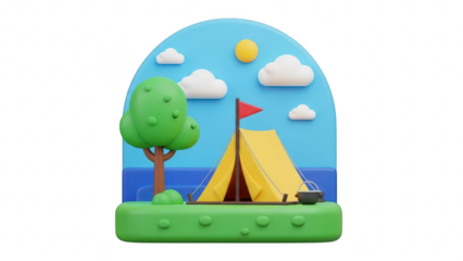 Cute 3d isometric illustration of a yellow camping tent pitched next to a green tree under a blue sky with clouds and sun, isolated on transparent background