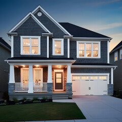 Modern Two-Story Suburban House at Dusk with Front Porch and Warm Lighting
