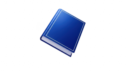 A single, closed, hardback book with a deep blue cover and white trim, isolated on transparent background
