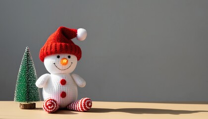 Knitted Snowman with Red Hat and Christmas Tree on Beige Surface.