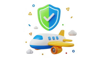3d illustration of airplane travel insurance concept with a large shield and checkmark symbol, isolated on transparent background