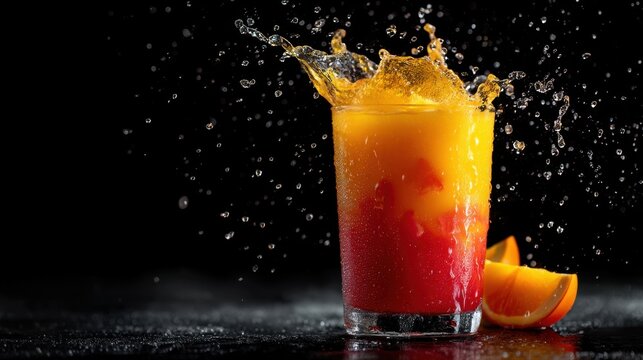 A vibrant drink is splashed in a glass showcasing red and orange hues. Slices of orange rest nearby adding a bright touch to the dark setting and enhancing the refreshing feel.