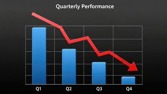 Illustrative bar chart depicting a consistent decline in quarterly business performance, highlighting significant financial challenges and a negative trend