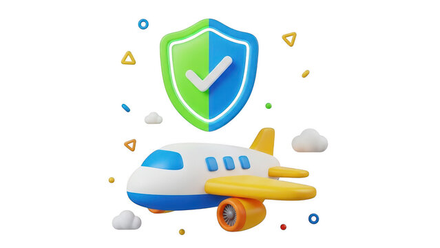 3d illustration of airplane travel insurance concept with a large shield and checkmark symbol, isolated on transparent background