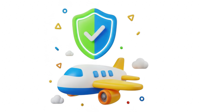 3d illustration of airplane travel insurance concept with a large shield and checkmark symbol, isolated on transparent background
