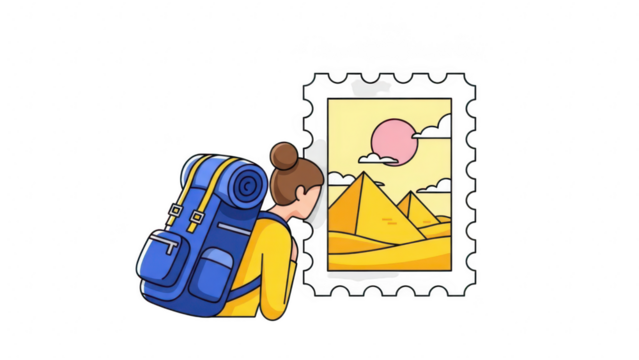 Female tourist with large backpack looking at a postage stamp illustration featuring the giza pyramids under a stylized sun, isolated on transparent background - Powered by Adobe
