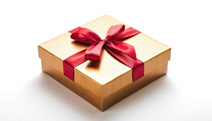 Golden Gift Box with Red Ribbon on White Background.
