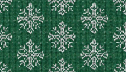 Green Knitted Snowflake Pattern Festive Winter Holiday Design.