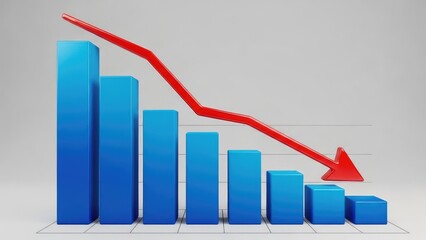 3D bar chart illustrating a significant economic downturn with a prominent red arrow pointing sharply downwards, symbolizing financial decline, business losses, and market recession