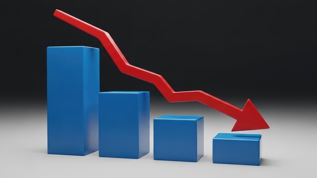 Dynamic 3D bar chart illustrating a significant economic downturn, financial crisis, or market collapse with a stark red arrow indicating a continuous downward trend and negative business performance