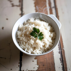 Top-Down Close-Up of Steaming White Rice with Parsley on Wooden Table