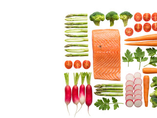 Colorful Array of Fresh Ingredients Including Salmon, Vegetables, and Herbs for Cooking Healthy Meals