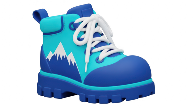 Bright blue and cyan 3d rendering of a hiking boot with a mountain graphic, isolated on transparent background