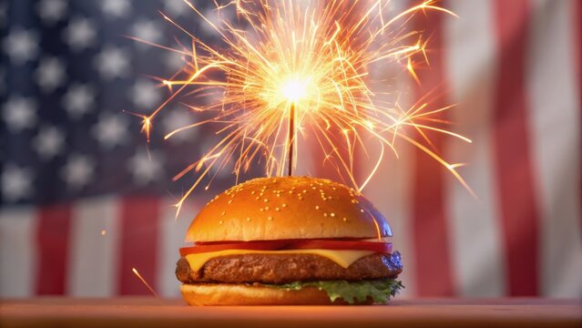 A burger topped with a sparkler, set against a backdrop of an American flag, symbolizing celebration and patriotism.