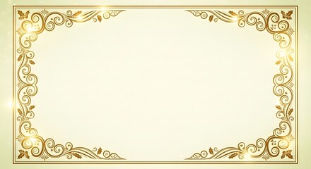 Elegant golden rectangular frame with ornate swirls and glowing accents, a classic vintage border for invitations or certificates