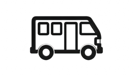 Simple black and white icon or pictogram representing a small passenger van or minibus, isolated on transparent background