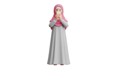 3d character of a muslim woman wearing a pink hijab and white dress praying or making dua with hands together isolated on transparent background