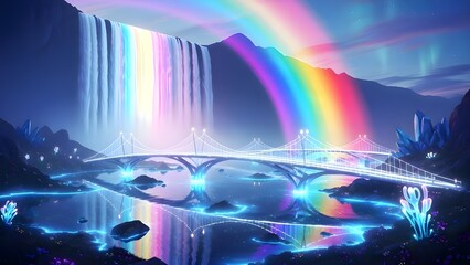 A futuristic illustration featuring a giant rainbow waterfall, a modern architecturally illuminated bridge, and a natural landscape filled with bioluminescent plants. Blue neon light reflects off the
