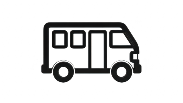 Simple black and white icon or pictogram representing a small passenger van or minibus, isolated on transparent background