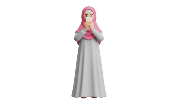 3d character of a muslim woman wearing a pink hijab and white dress praying or making dua with hands together isolated on transparent background