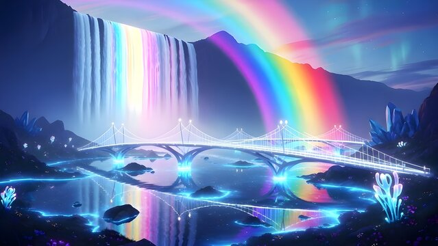 A futuristic illustration featuring a giant rainbow waterfall, a modern architecturally illuminated bridge, and a natural landscape filled with bioluminescent plants. Blue neon light reflects off the 