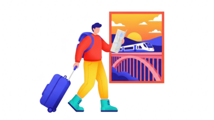 Young male traveler with backpack and rolling suitcase looking at map while waiting for train journey, isolated on transparent background