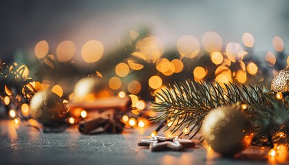 Festive Christmas decorations with golden ornaments and twinkling lights.