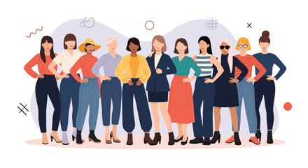 Fototapeta premium Diverse group of stylish women standing together, showcasing female empowerment and unity in modern fashion forward styles, perfect for lifestyle brands