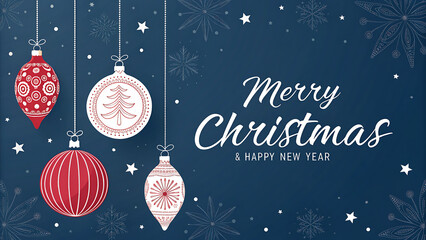 Merry christmas and happy new year greeting card with hanging ornaments and snowflakes on a dark blue background festive winter holiday season design