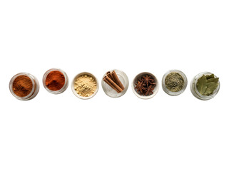 An array of colorful spices arranged in small jars showcasing culinary diversity and flavor profiles