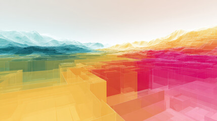 Colorful overlapping transparent shapes create futuristic landscape with vibrant gradient hues
