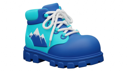 Cute 3d rendering of a blue and cyan hiking boot with a mountain graphic, isolated on transparent background