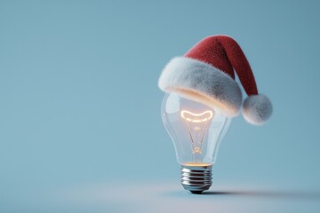 A light bulb wearing a Santa hat on a blue background.