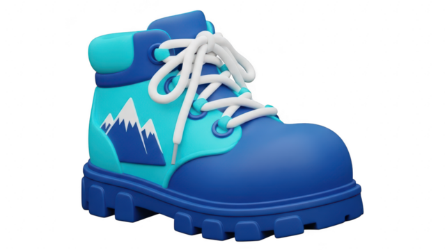 Cute 3d rendering of a blue and cyan hiking boot with a mountain graphic, isolated on transparent background - Powered by Adobe
