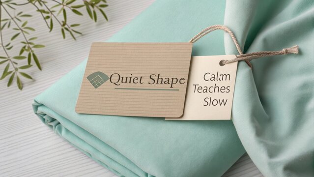 Soft fabric with tag featuring logo and inspirational message on calming color background for design and branding projects