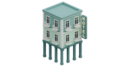 Isometric illustration of a small, vintagestyle hotel building elevated on tall stilts or columns, isolated on transparent background