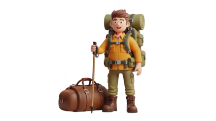 A cheerful 3d cartoon male hiker character with a large backpack and trekking pole standing next to a duffel bag, isolated on transparent background