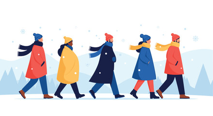 Fototapeta premium Diverse group walking in winter coats and scarves through a snowy landscape, a vibrant and modern illustration for seasonal campaigns