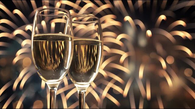 Two champagne flutes celebrating new year's eve with golden fireworks in the night sky