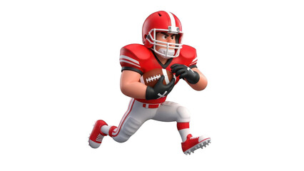 Cartoon 3d rendering of an american football player in red uniform running with ball isolated on transparent background