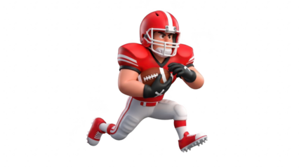 Cartoon 3d rendering of an american football player in red uniform running with ball isolated on transparent background