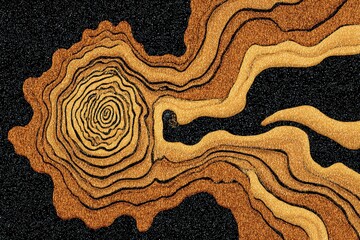 Abstract illustration of swirling golden forms against a black speckled background
