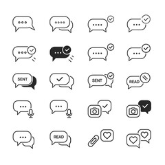 Obraz premium Chat message icon set, speech bubble with check mark, sent, delivered, read, typing, voice message, photo, attachment, love message.