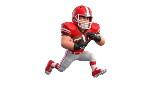 Cartoon 3d rendering of an american football player in red uniform running with ball isolated on transparent background - Powered by Adobe
