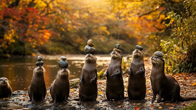 A group of otters stacking rocks along a peaceful river surrounded by colorful autumn foliage, highlighting wildlife serenity and natural harmony.