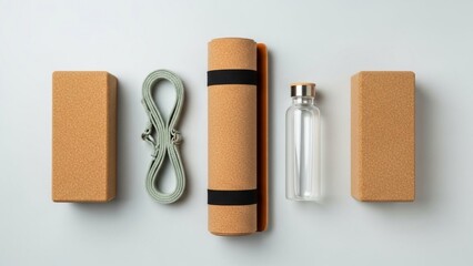 Overhead shot of yoga mat, blocks, strap, and water bottle on a light background.
